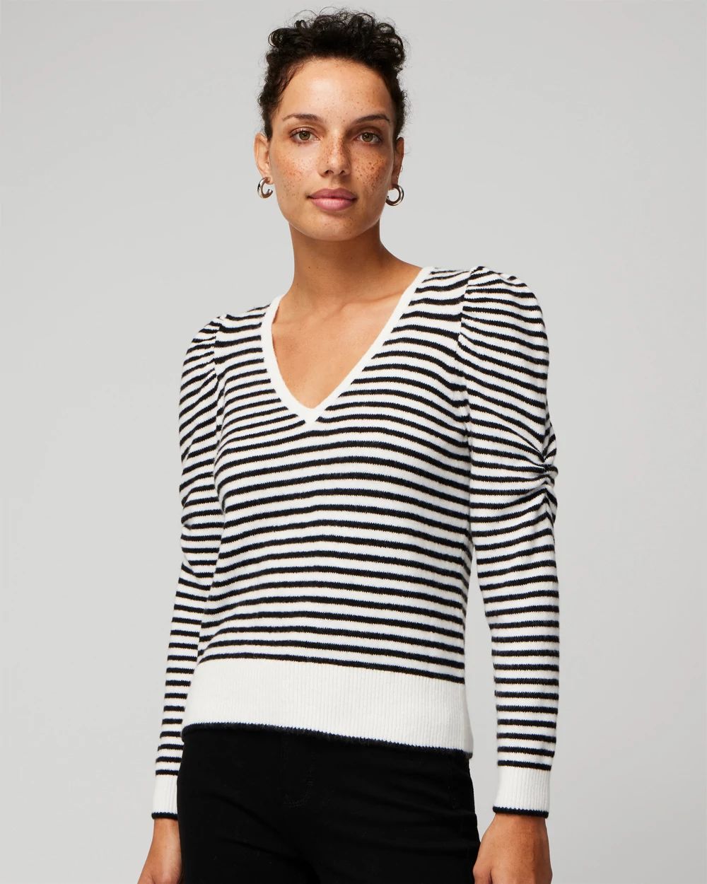 Puff sleeve v neck sweater on sale